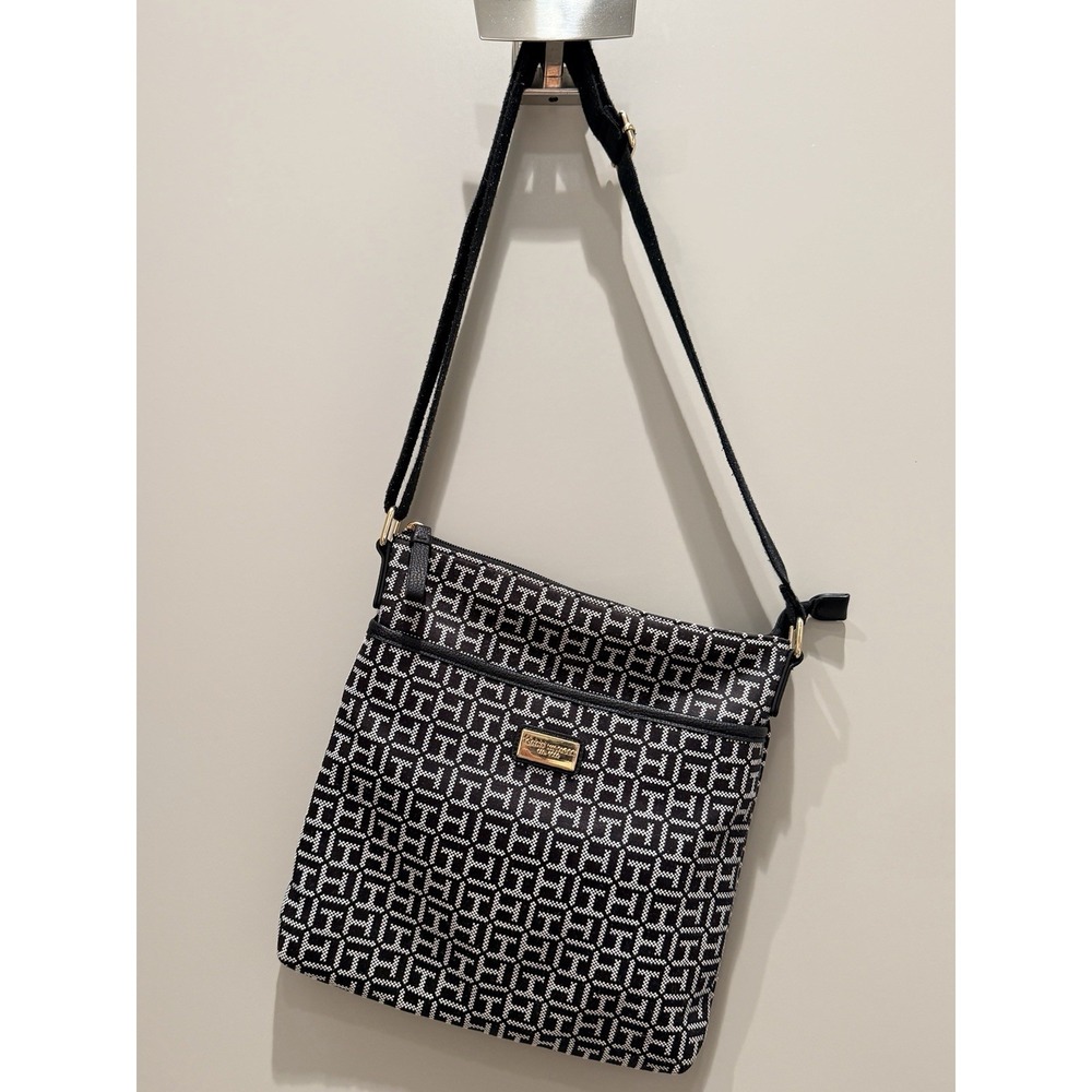 Tommy Hilfiger Womens Monogram Crossbody Bag With Black & White Patterned Canvas